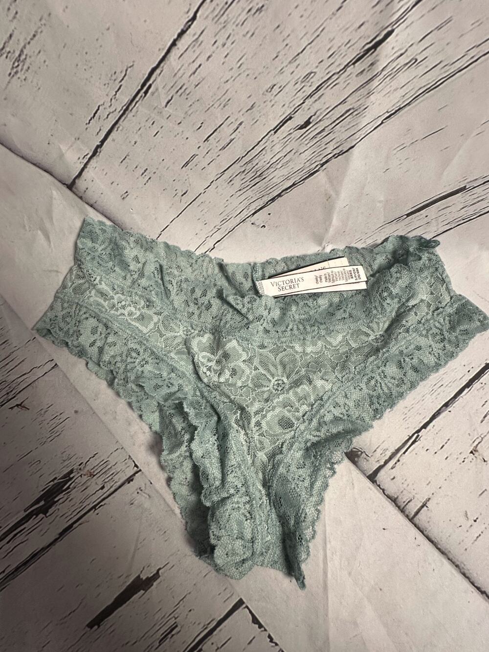 Victoria's Secret Lace Cheeky Panty Womens Small Sage Green Floral Sheer Comfort